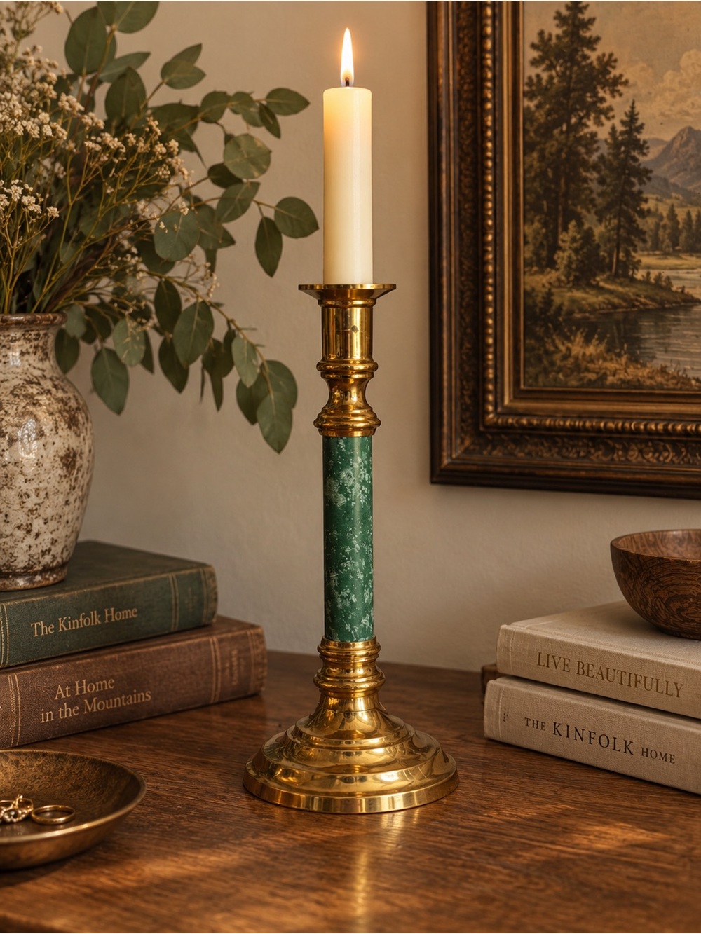 Vintage Brass and Green Faux Marbleized Candlestick Holder